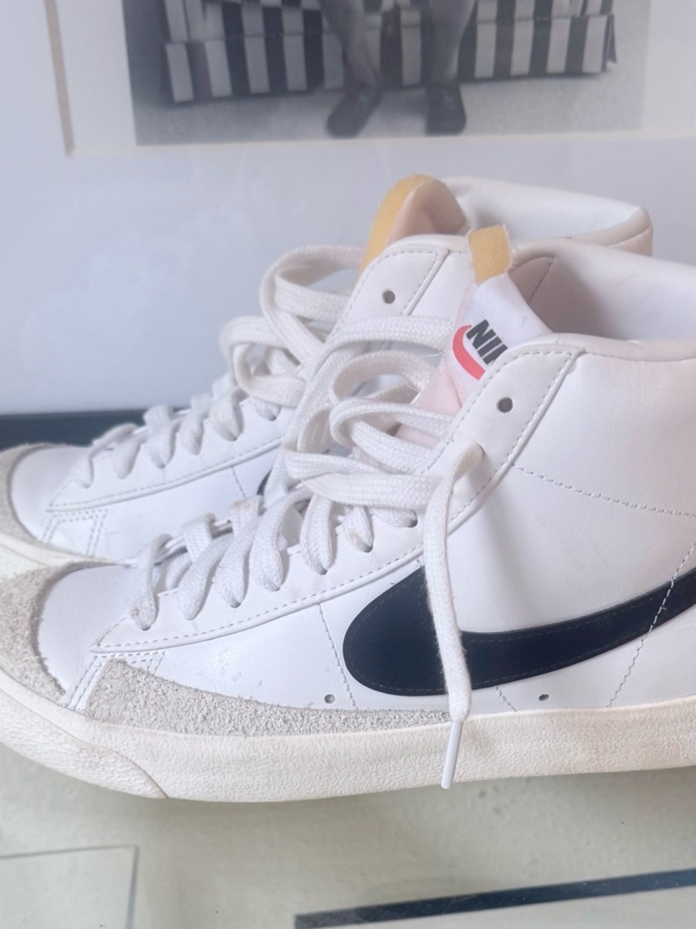 Nike Blazer WomenWhite High-Top Sneakers 7.5 Black Swoosh and Yellow Tongue Tab